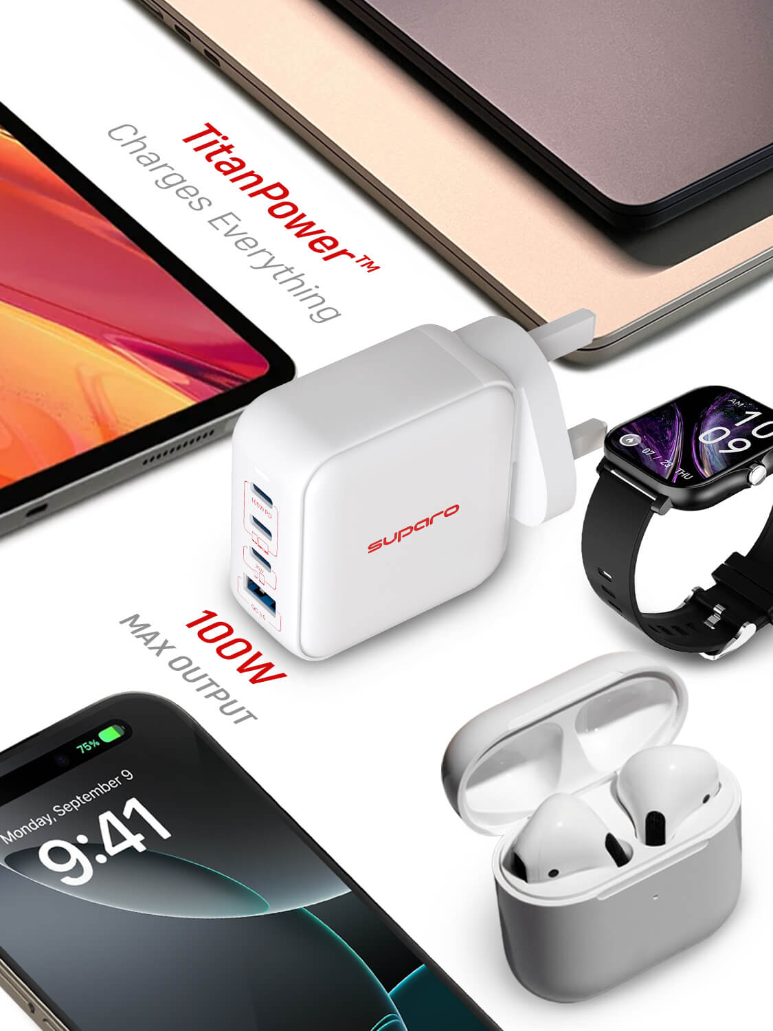 Suparo 100W GAN Triple USB-C & USB-A Charger