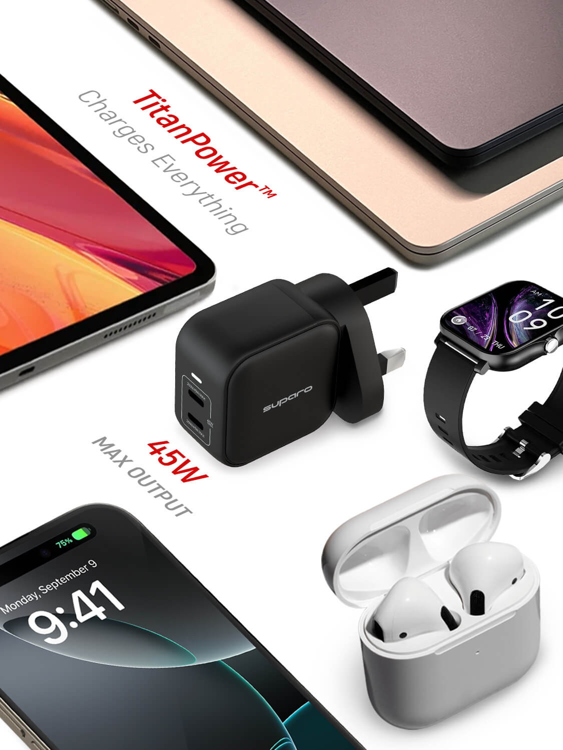 Suparo 45W GAN Dual USB-C Wall Charger (Black)