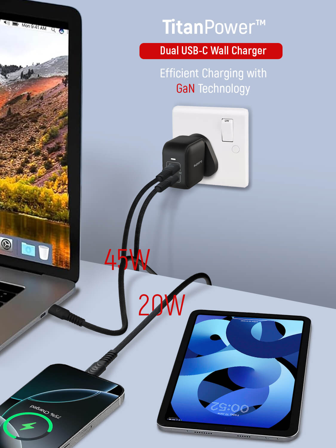Suparo 45W GAN Dual USB-C Wall Charger (Black)