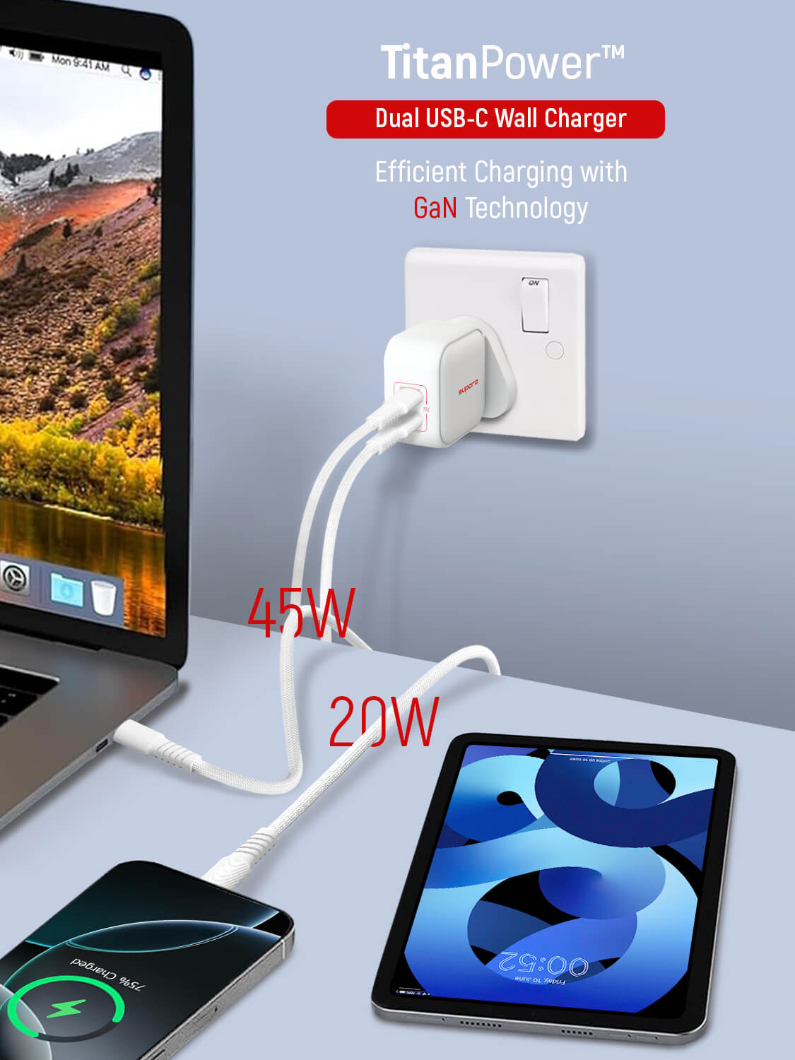 Suparo 45W GAN Dual USB-C Wall Charger (White)